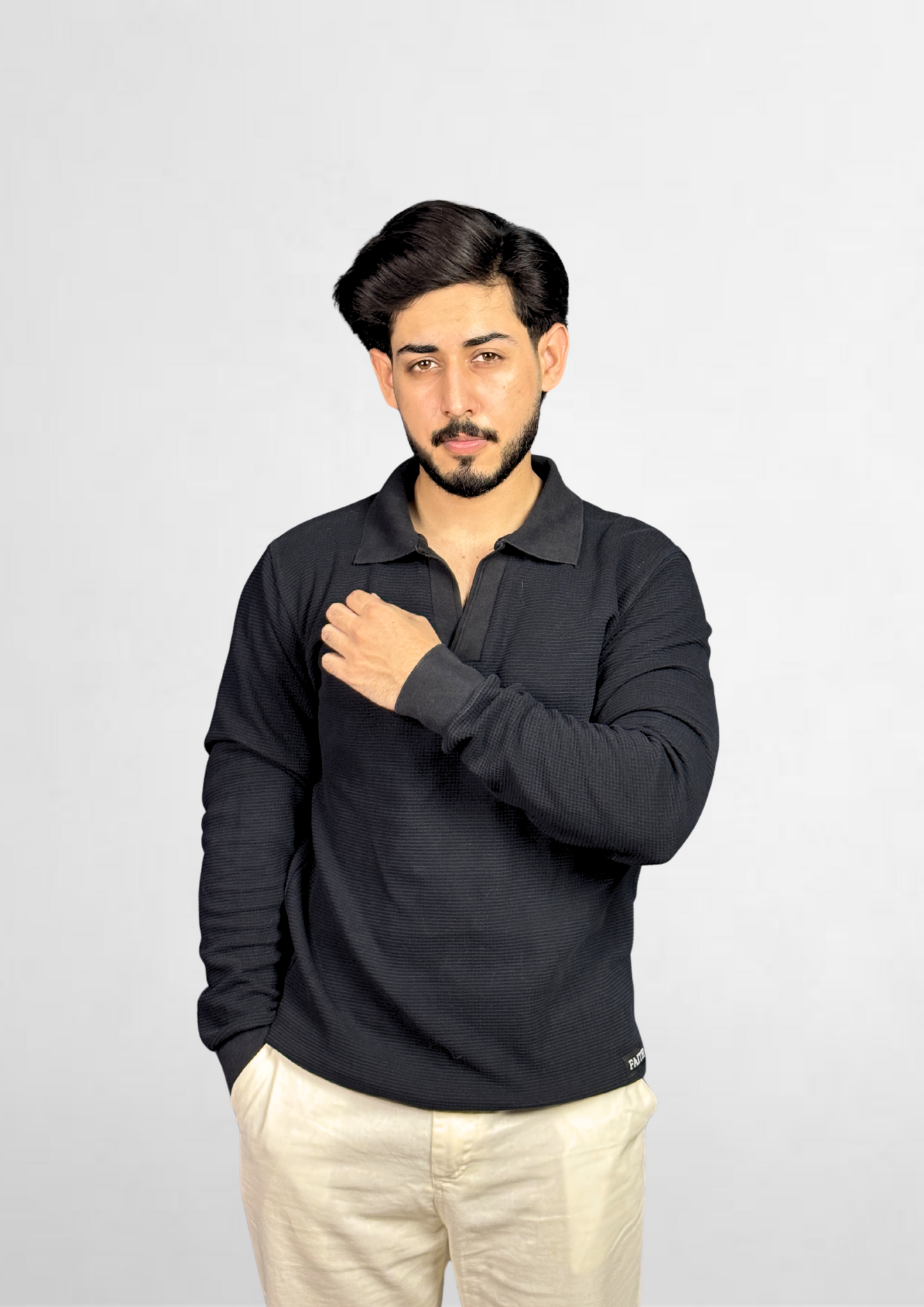 Black Waffle-Knit Polo Shirt