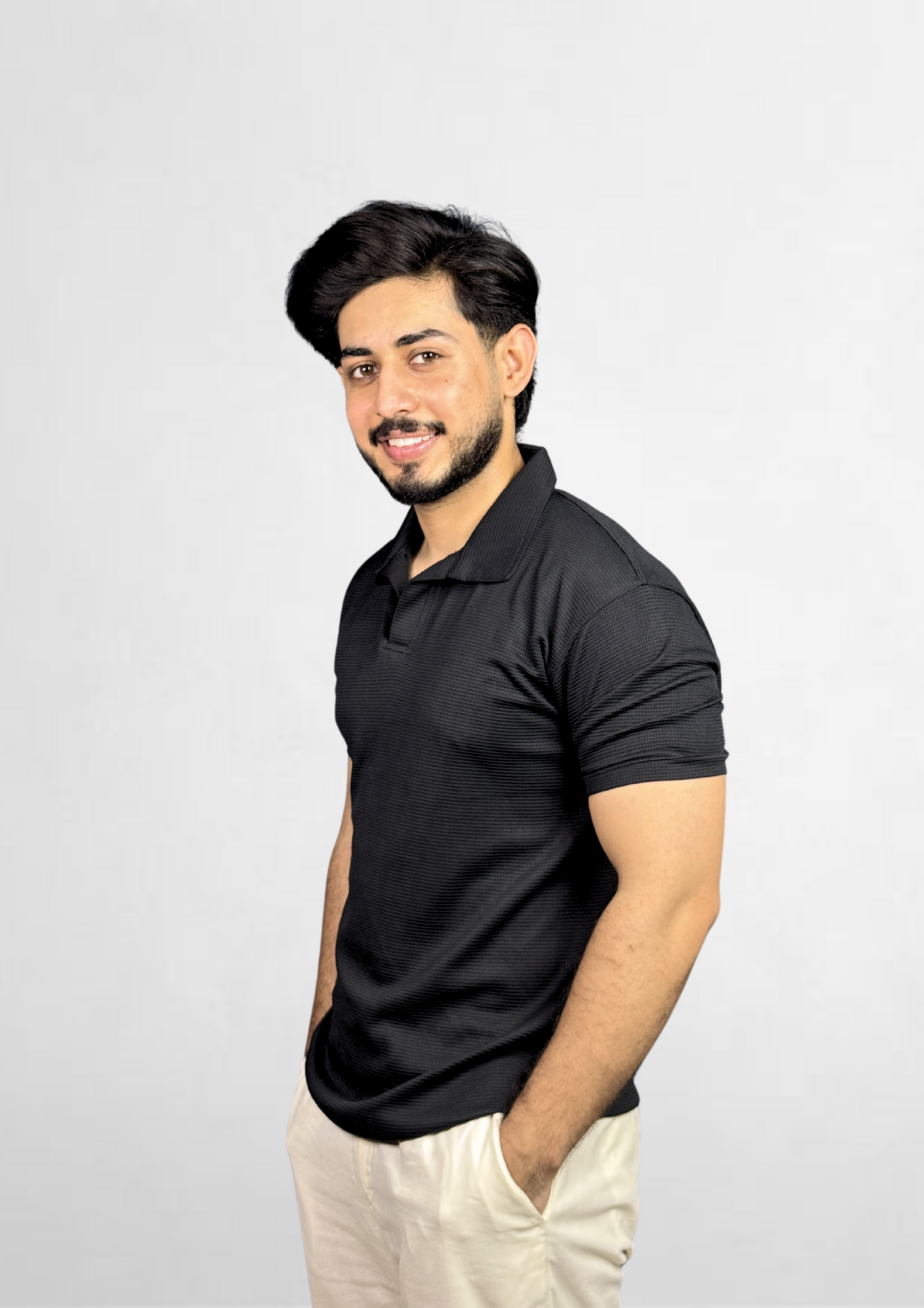 Black Waffle-Knit Polo Tee