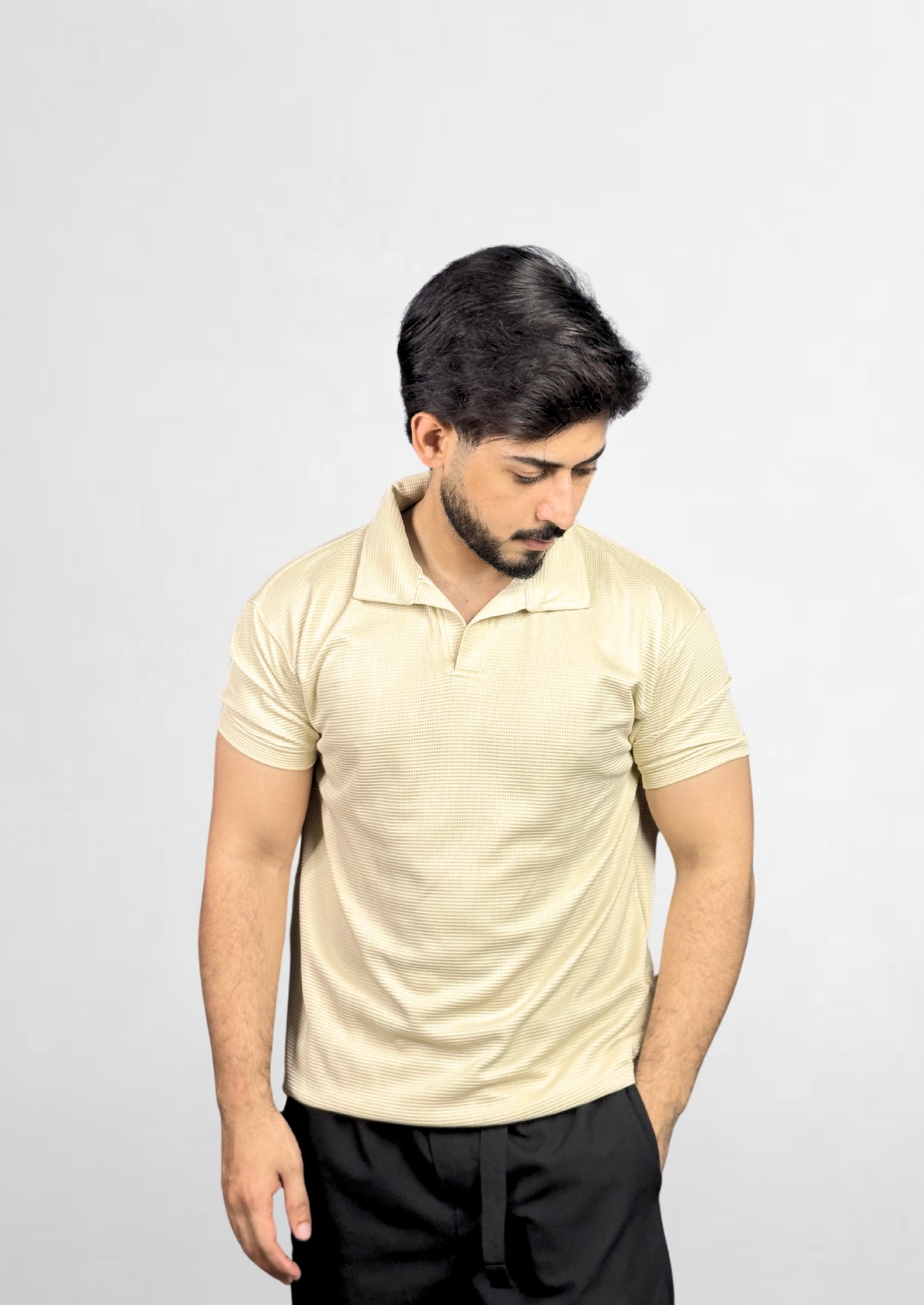 Beige Waffle-Knit Polo Tee