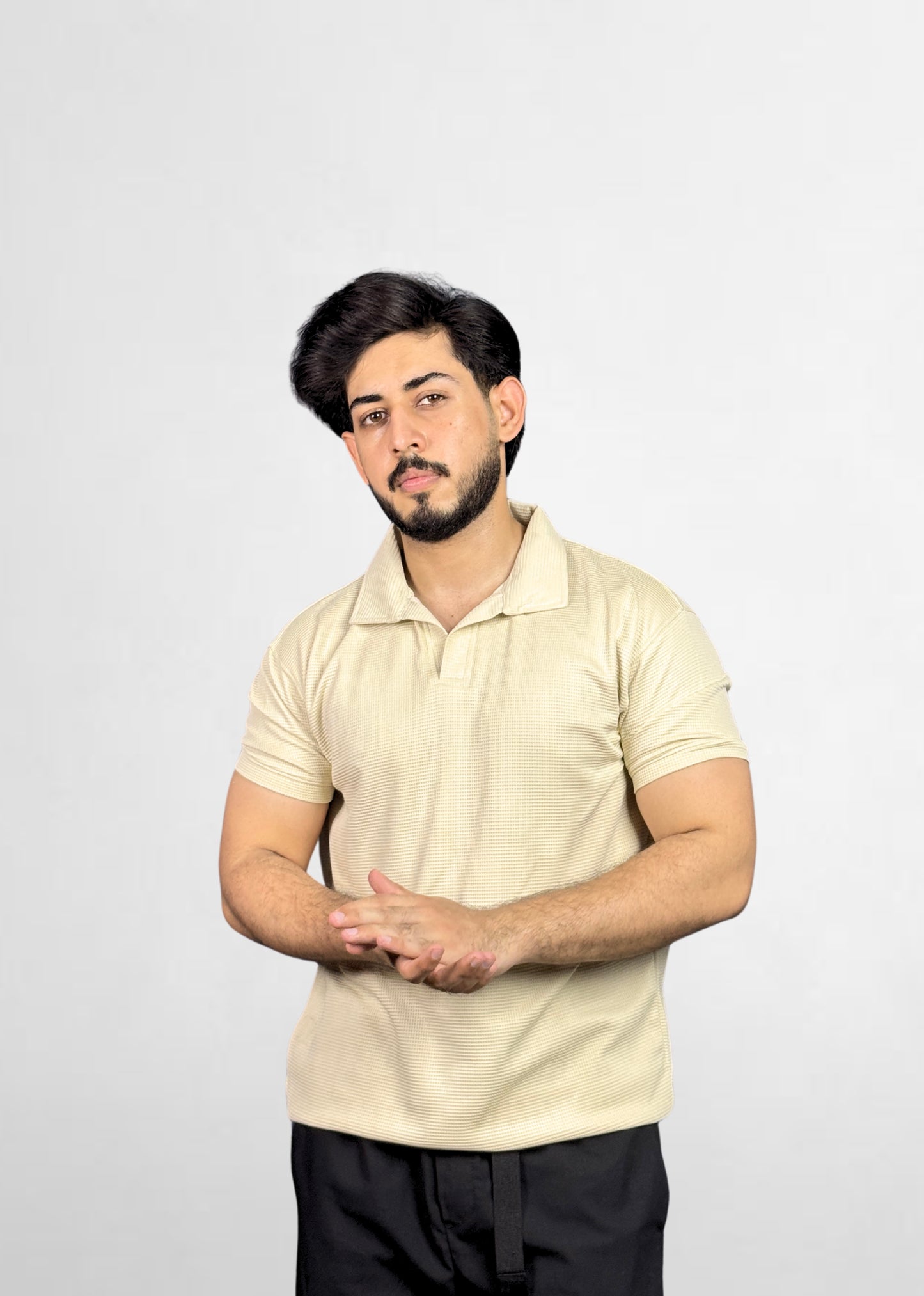 Beige Waffle-Knit Polo Tee
