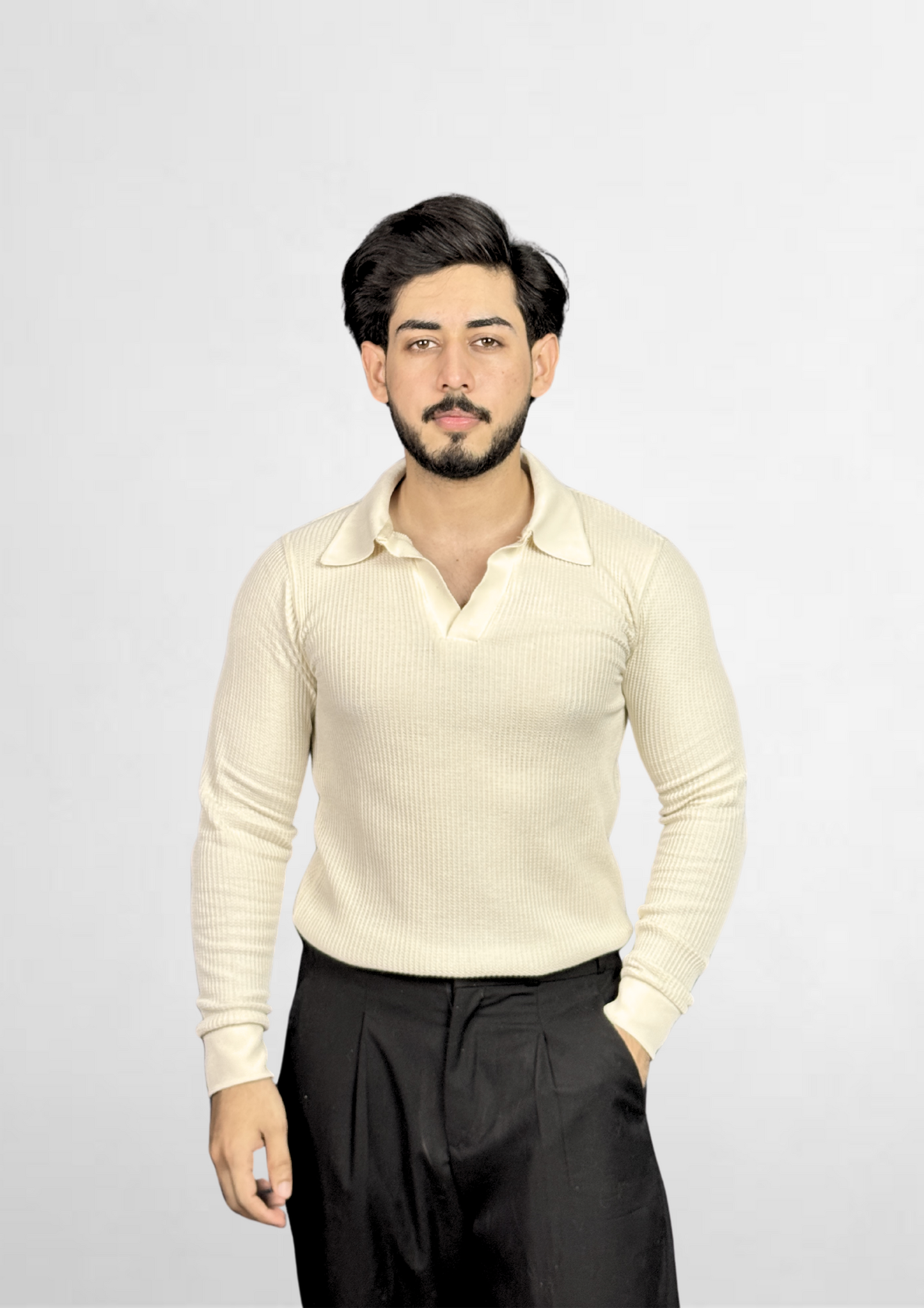 Ivory Waffle-Knit Polo Shirt