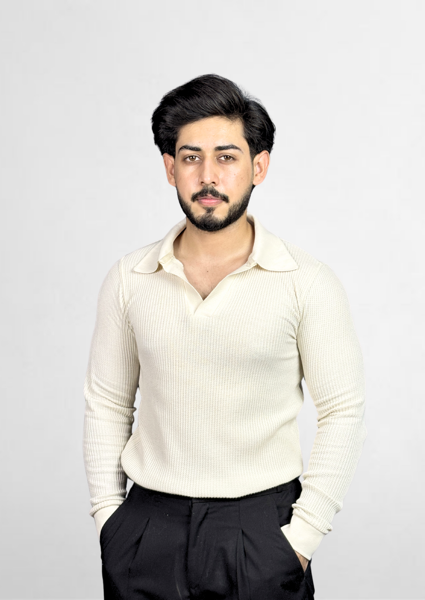 Ivory Waffle-Knit Polo Shirt