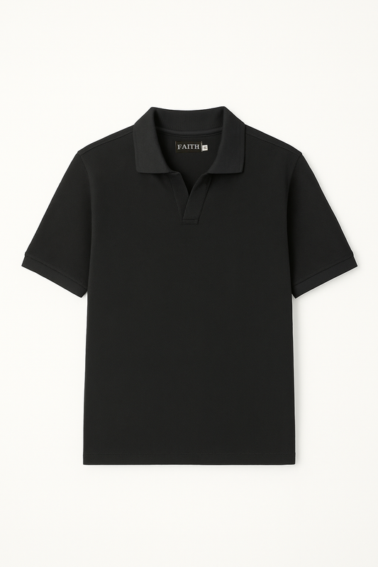 Black Waffle-Knit Polo Tee