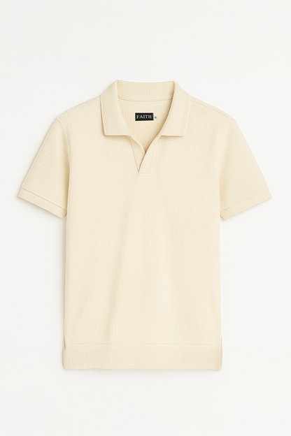 Beige Waffle-Knit Polo Tee