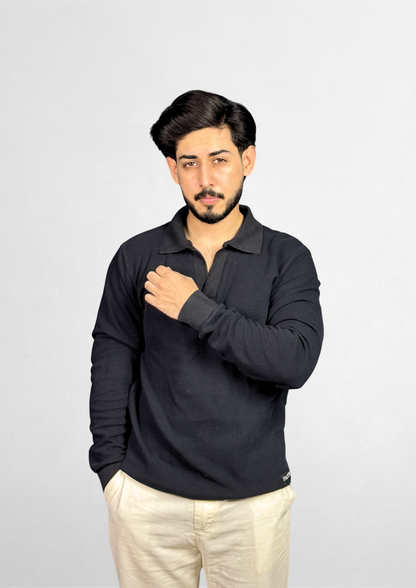 Black Waffle-Knit Polo Shirt