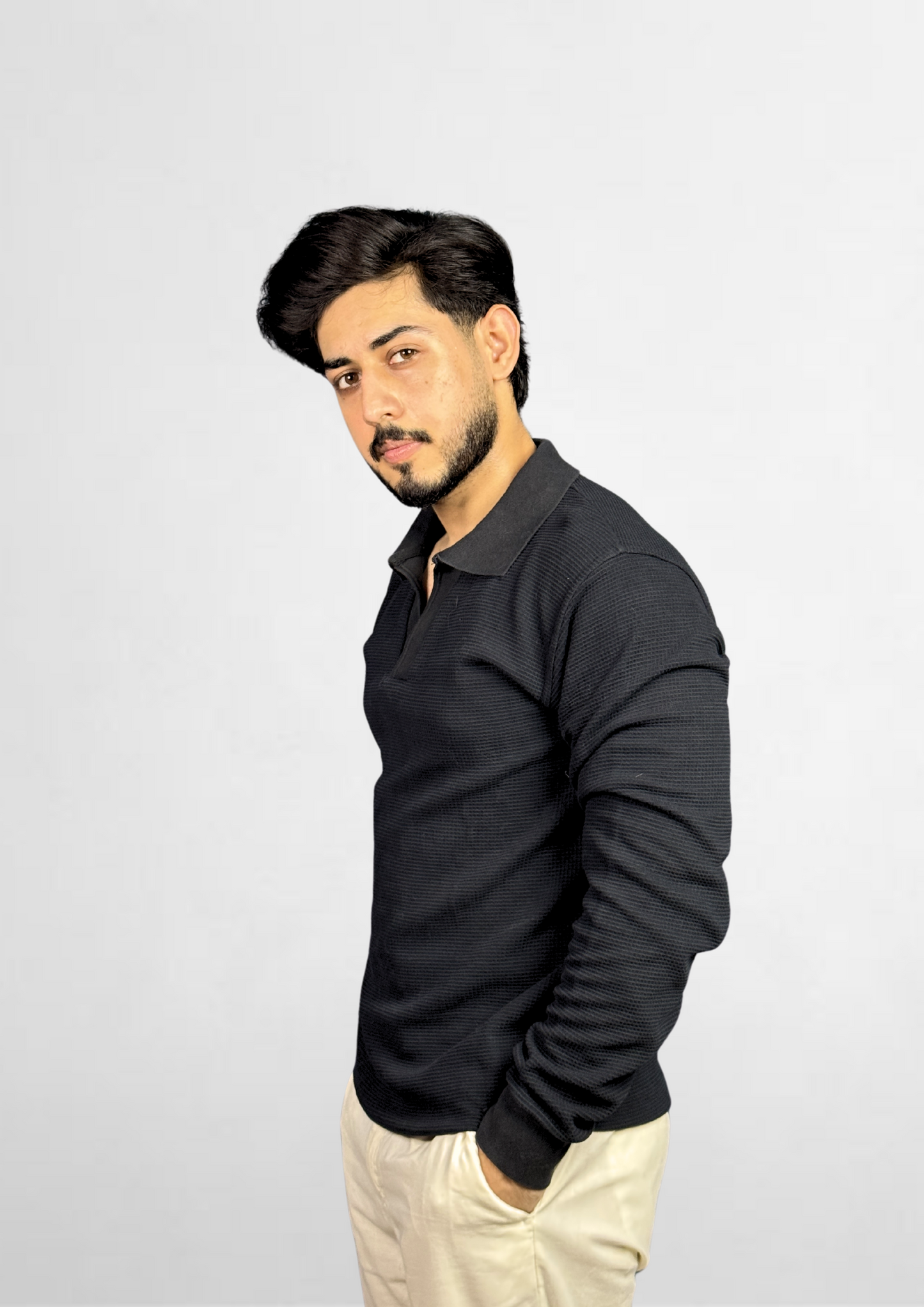 Black Waffle-Knit Polo Shirt