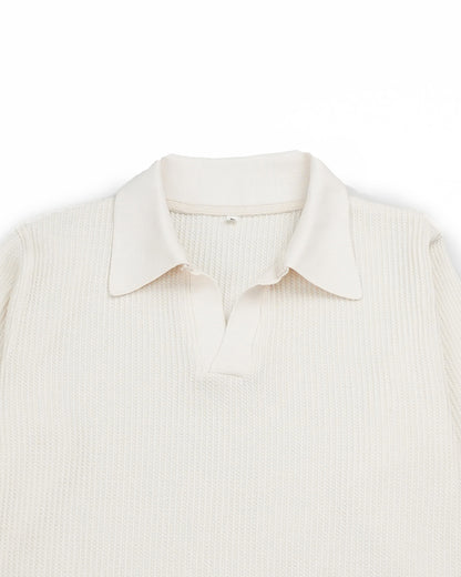 Ivory Waffle-Knit Polo Sweater