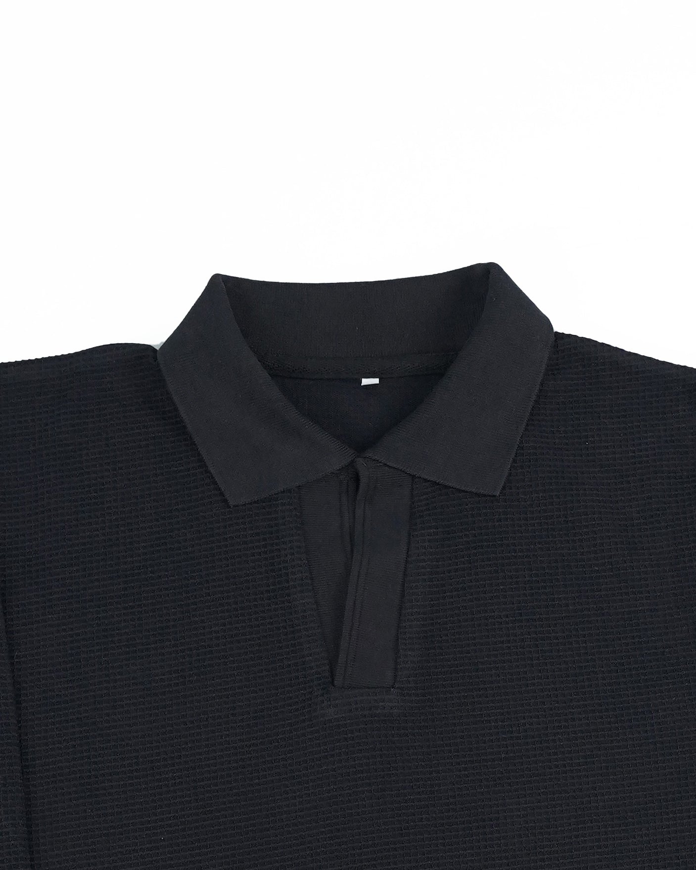 Black Waffle-Knit Polo Sweater