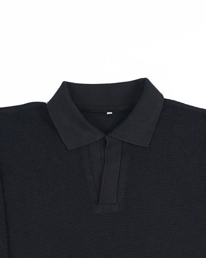 Black Waffle-Knit Polo Sweater