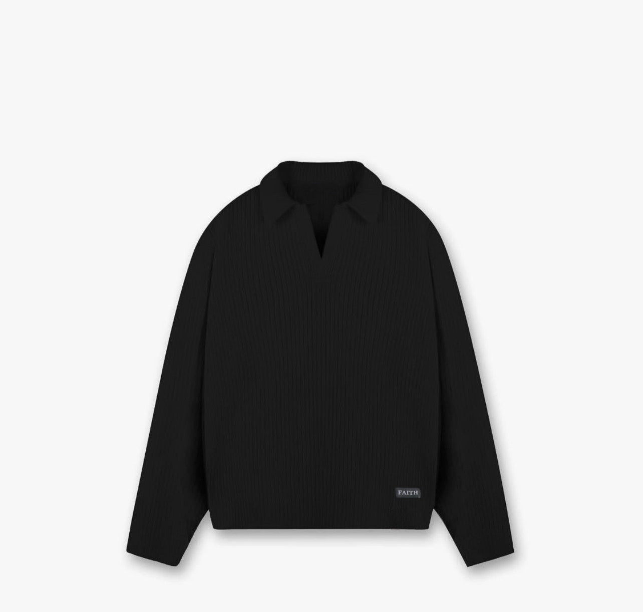 Black Waffle-Knit Polo Sweater